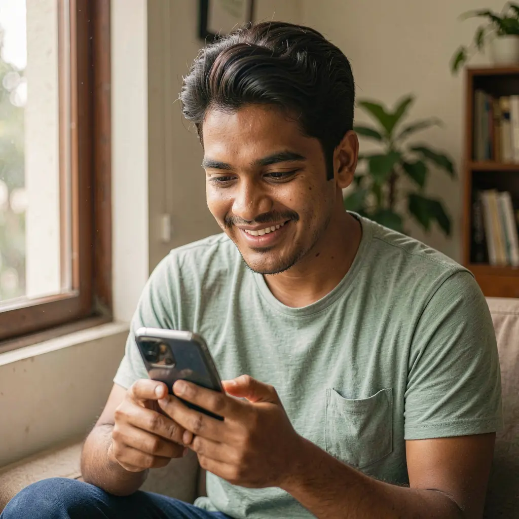 Smiling Bangladeshi player checking casino features on the 9N999 mobile app while sitting by a bright window at home