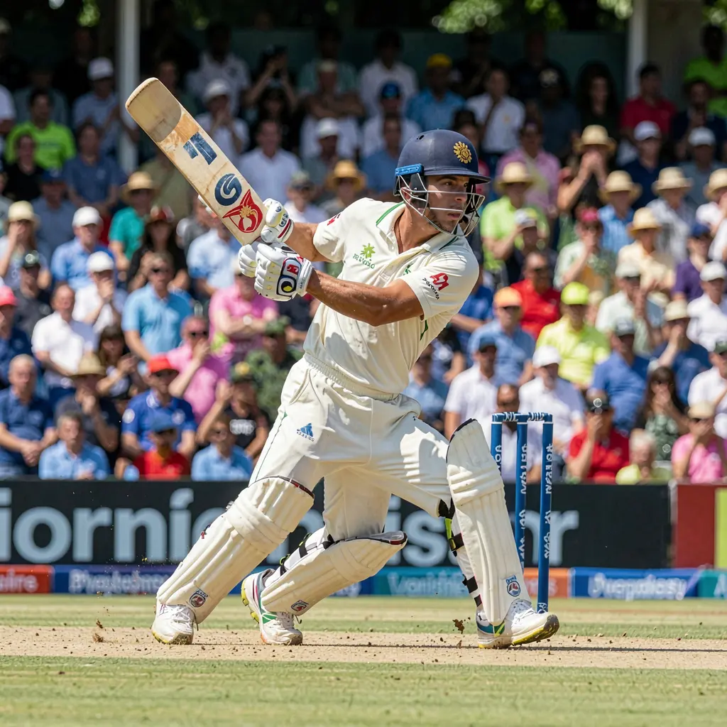 Close-up action shot of a cricket batsman running between wickets in a packed stadium capturing the excitement of live cricket betting with 9N999 in Bangladesh