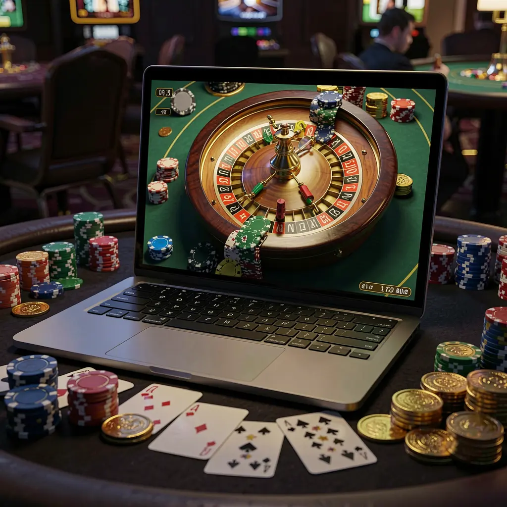 Stylish online roulette interface on a laptop with scattered casino chips and cards creating an authentic digital gambling mood at 9N999