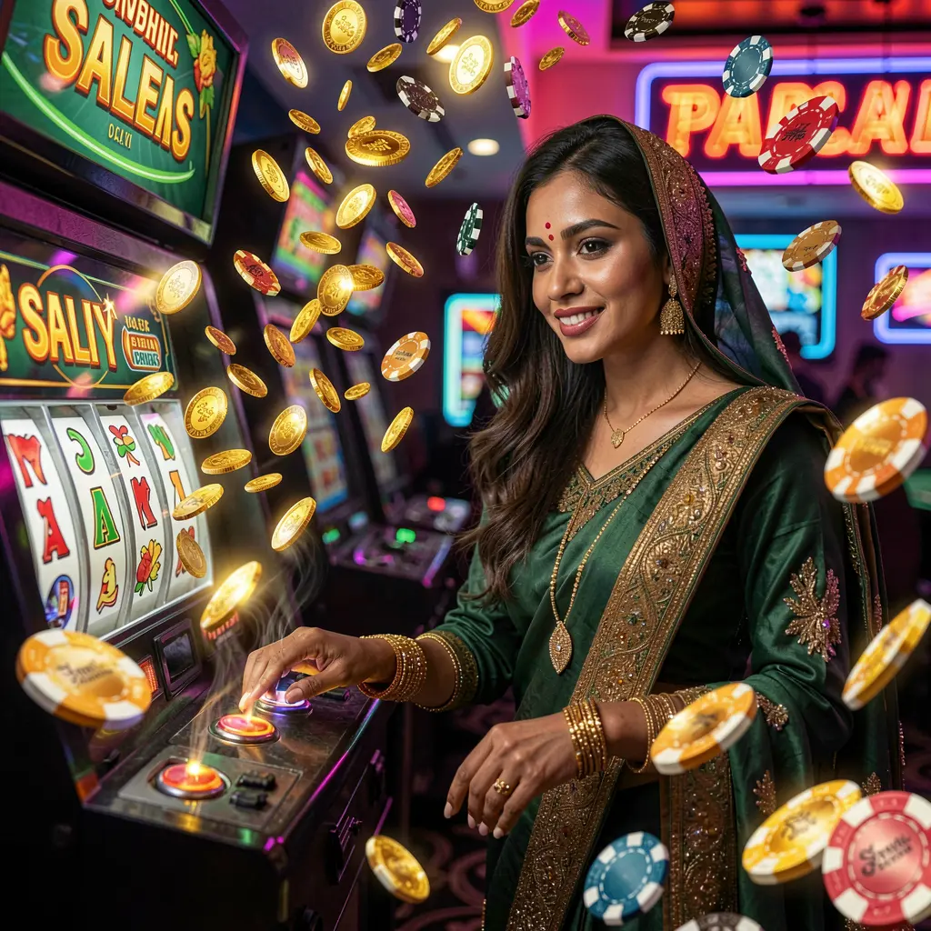 A glamorous casino player pressing a slot machine button as golden coins burst around her creating an immersive winning atmosphere at 9N999 online casino in Bangladesh